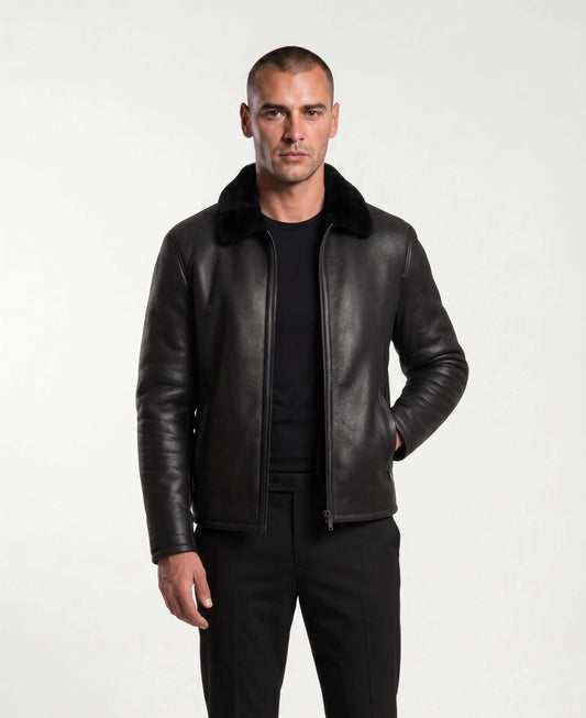 Men's Noir Shearling Leather Jacket with black finish and shearling collar, handcrafted for warmth and luxury