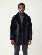 Black Noir shearling coat with oversized collar and double-breasted front, handcrafted from premium leather for winter warmth and luxury
