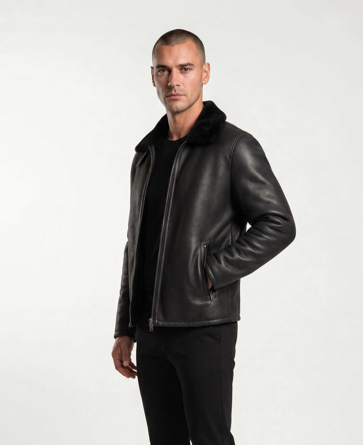 Men's Noir Shearling Leather Jacket with premium black leather and shearling collar for cold weather luxury