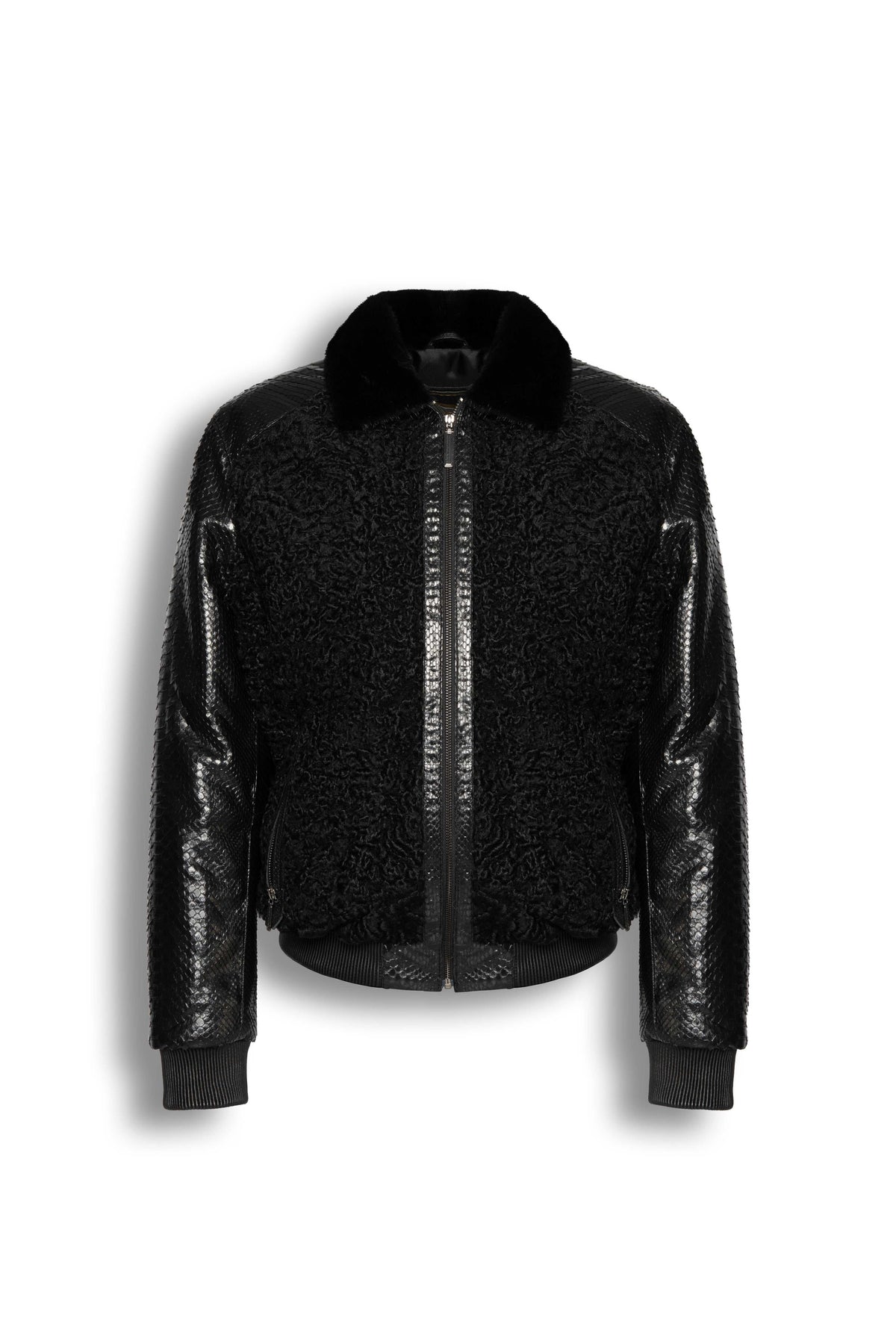 Noir Python and Astrakhan leather bomber jacket with mink collar handcrafted in Turkey