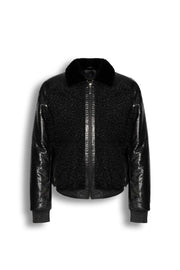 Noir Python and Astrakhan leather bomber jacket with mink collar handcrafted in Turkey