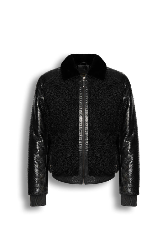 Noir Python and Astrakhan leather bomber jacket with mink collar handcrafted in Turkey