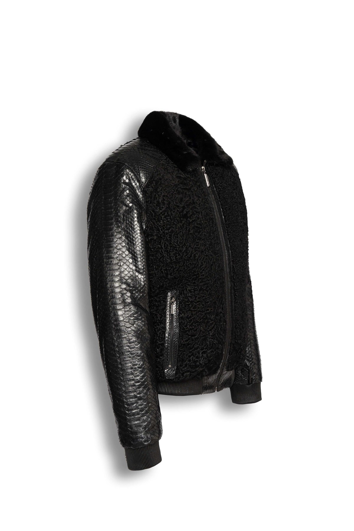 Noir Python & Astrakhan Leather Bomber Jacket with mink collar handcrafted luxury design