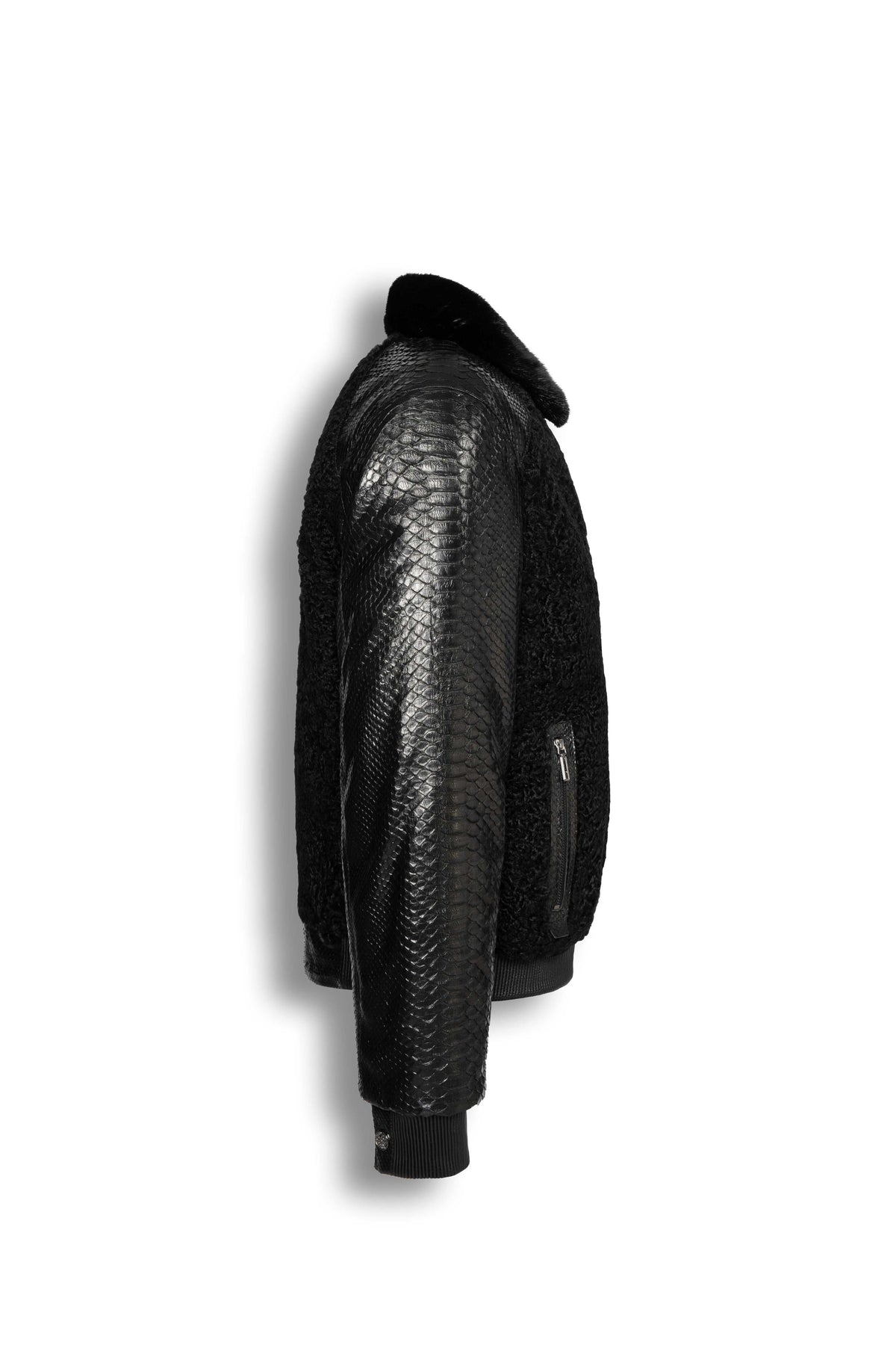 Noir Python & Astrakhan Leather Bomber Jacket with mink collar, handmade luxury outerwear