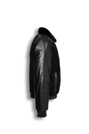 Noir Python & Astrakhan Leather Bomber Jacket with mink collar, handmade luxury outerwear