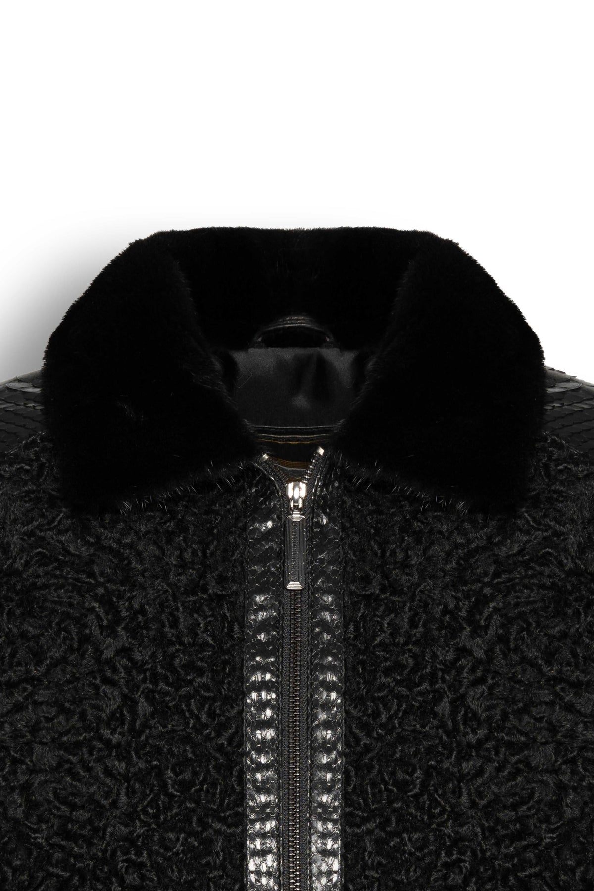 Noir Python and Astrakhan leather bomber jacket with mink collar handcrafted in Turkey