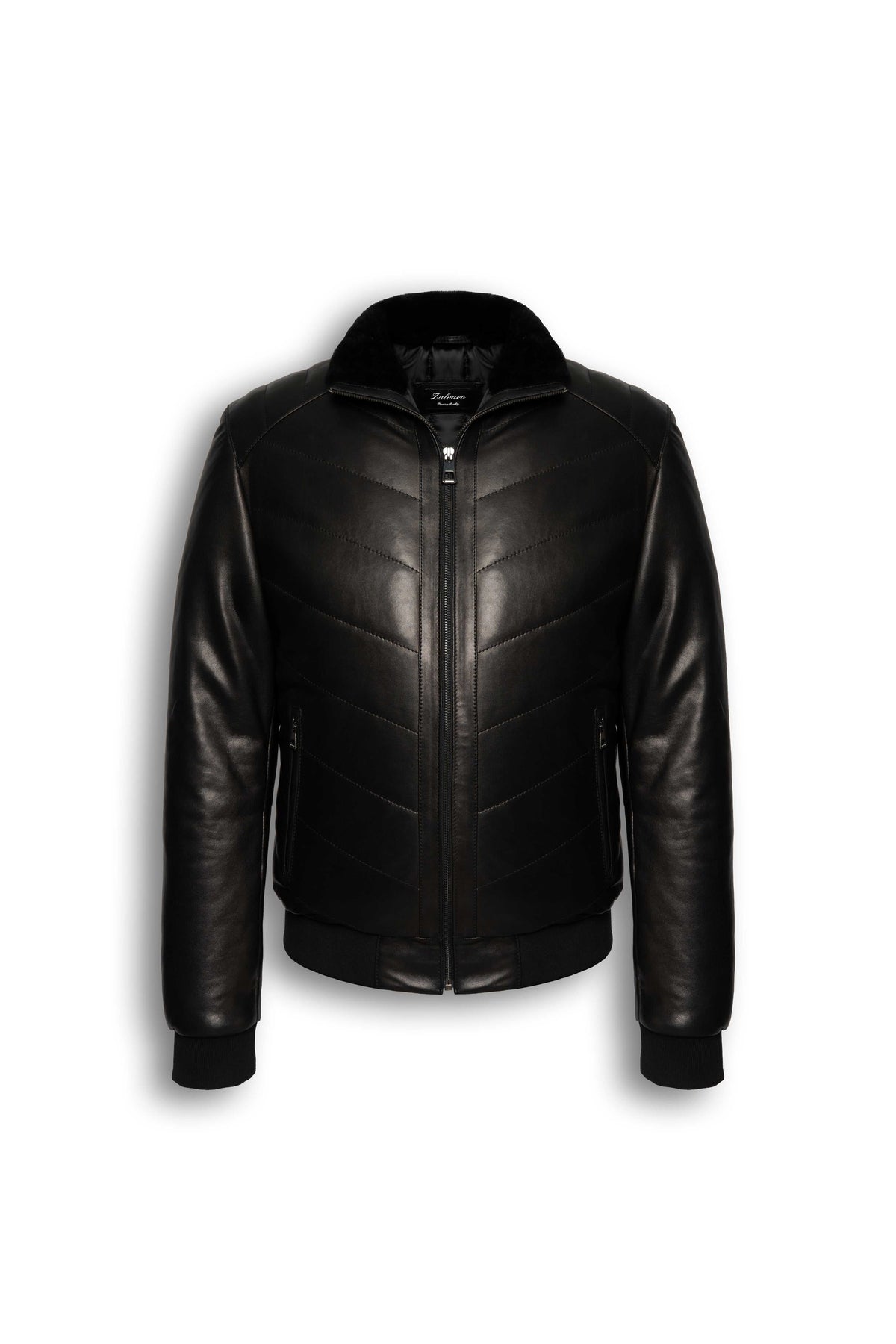 Noir Quilted Shearling Leather Bomber jacket with lamb leather and soft shearling collar for winter luxury