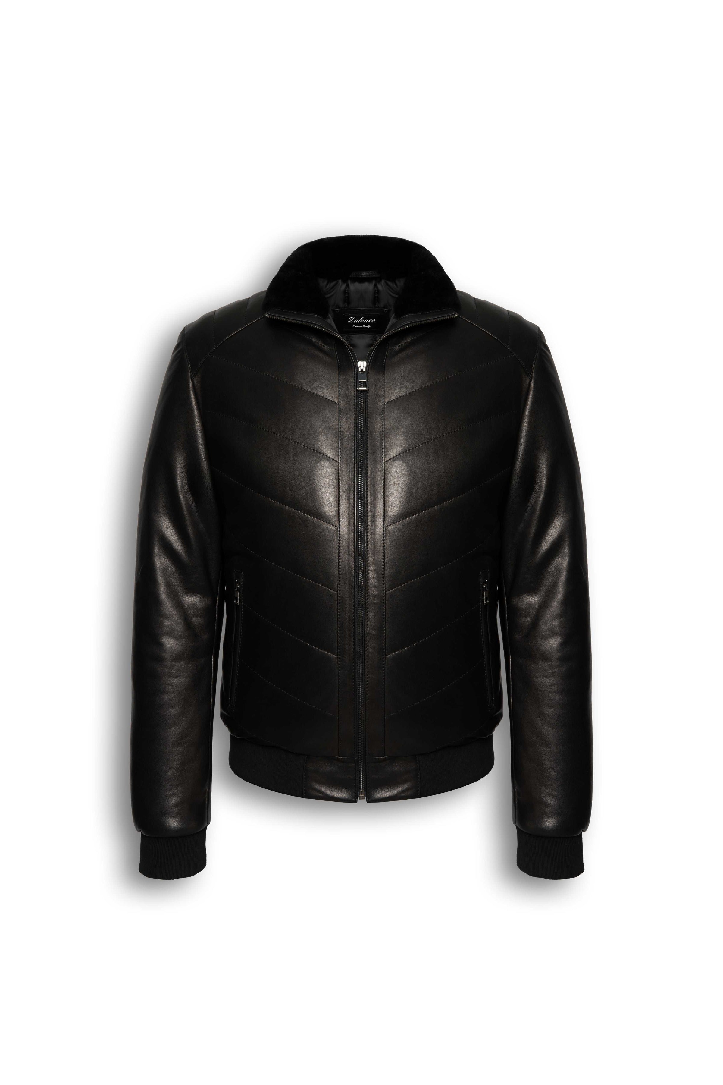 Noir Quilted Shearling Leather Bomber jacket with lamb leather and soft shearling collar for winter luxury