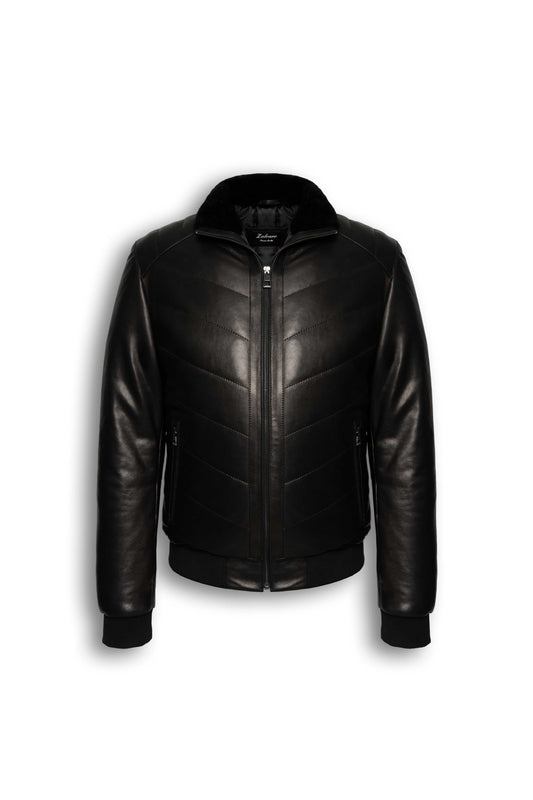 Noir Quilted Shearling Leather Bomber jacket with lamb leather and soft shearling collar for winter luxury