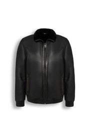 Noir Shearling Leather Bomber Jacket with shearling collar and rib-knit cuffs