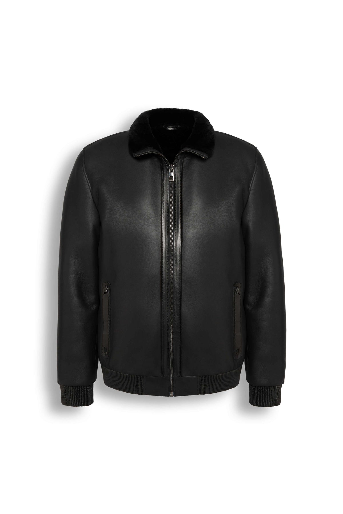 Noir Shearling Leather Bomber Jacket with shearling collar and rib-knit cuffs