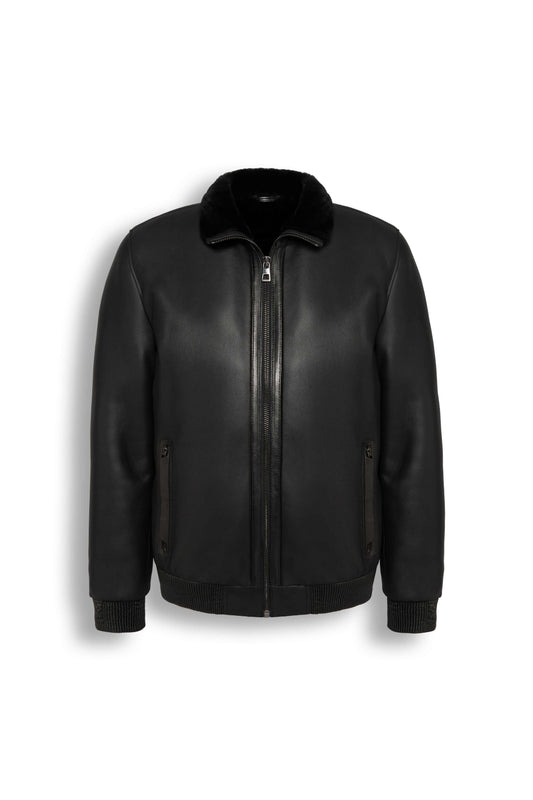 Noir Shearling Leather Bomber Jacket with shearling collar and rib-knit cuffs
