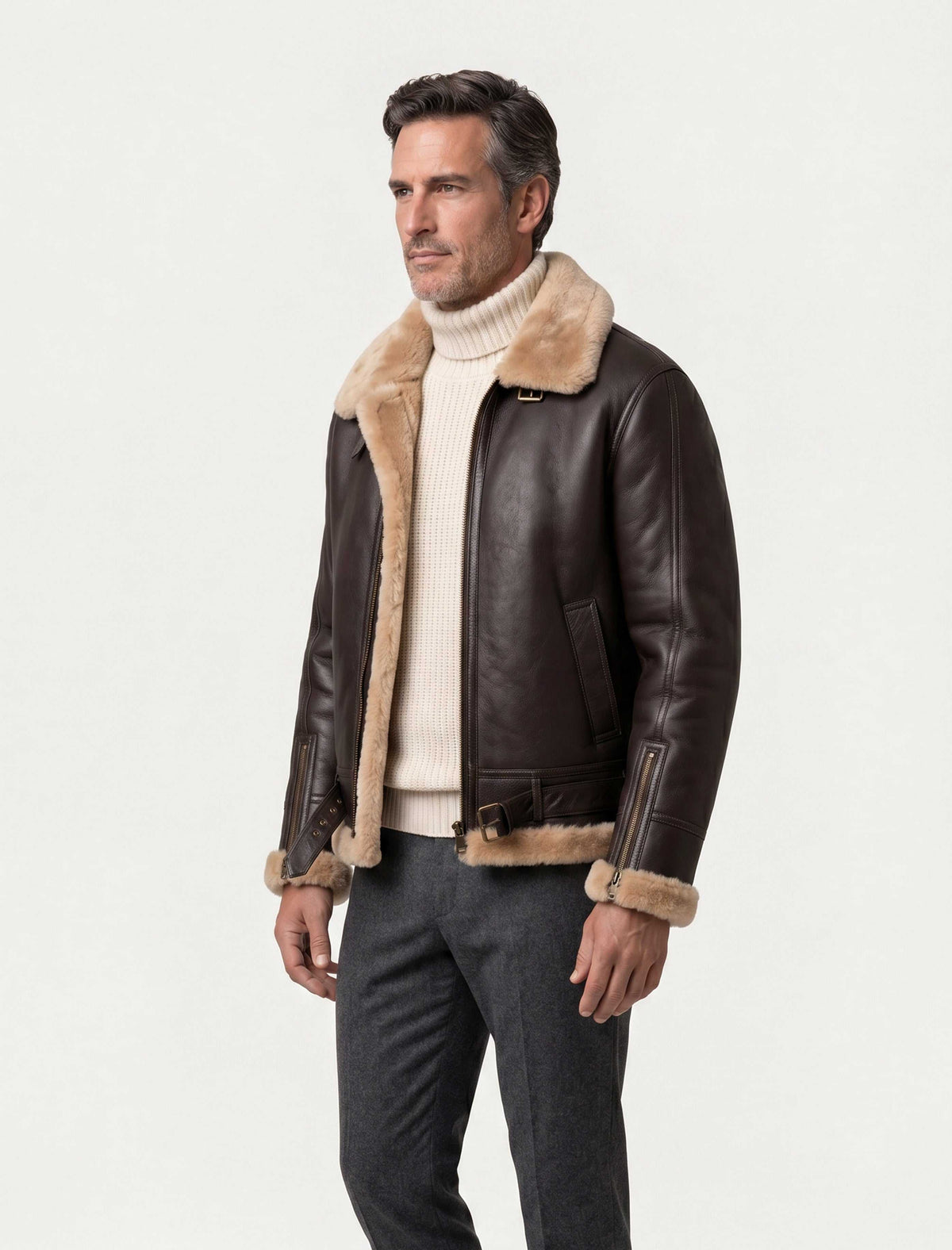 Heritage B3 dark brown shearling leather jacket with camel collar and heavy-duty zippers