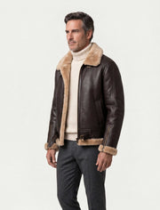Heritage B3 dark brown shearling leather jacket with camel collar and heavy-duty zippers