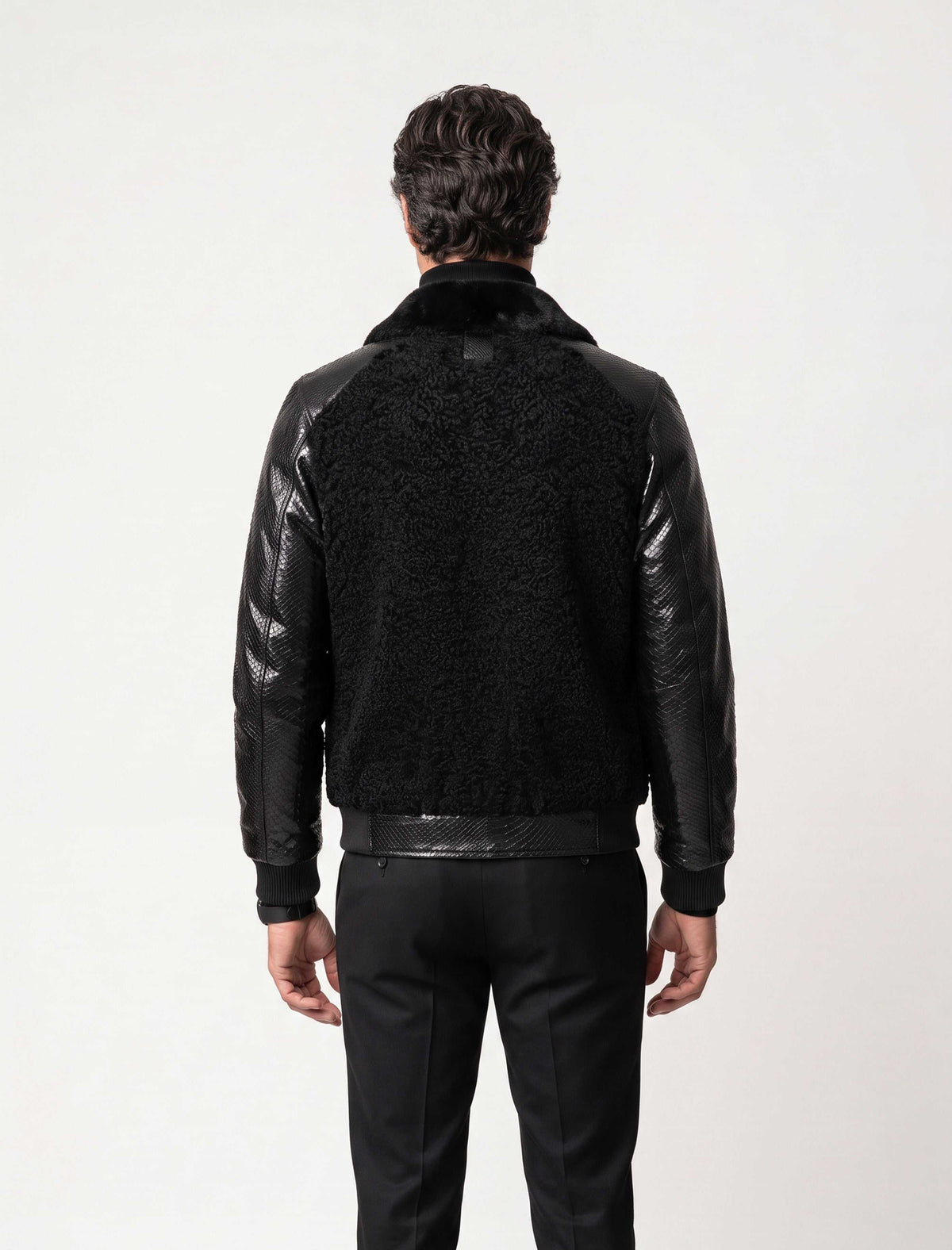 Noir Python & Astrakhan Leather Bomber Jacket with mink collar crafted from python leather sleeves and Astrakhan lamb fur body