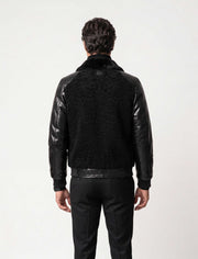 Noir Python & Astrakhan Leather Bomber Jacket with mink collar crafted from python leather sleeves and Astrakhan lamb fur body
