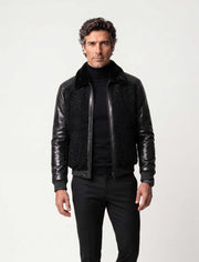 Noir Python & Astrakhan Leather Bomber Jacket with mink collar handcrafted in Turkey