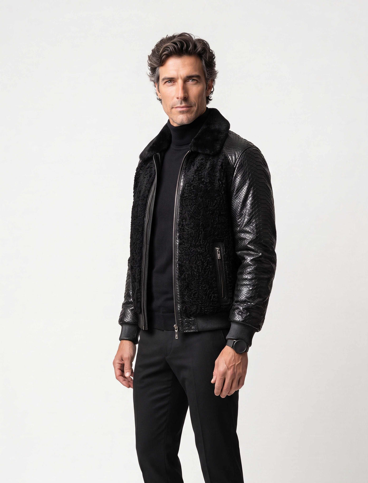 Noir Python and Astrakhan Leather Bomber Jacket with mink collar handcrafted in Turkey