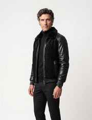 Noir Python and Astrakhan Leather Bomber Jacket with mink collar handcrafted in Turkey