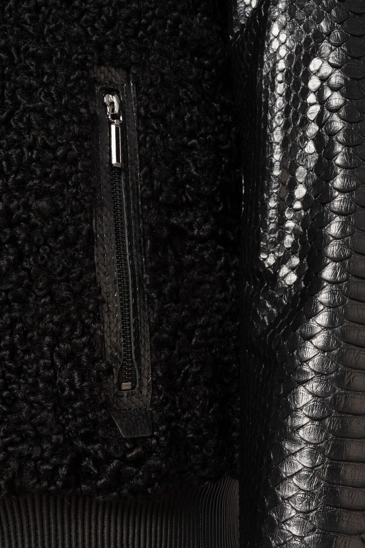 Noir Python & Astrakhan Leather Bomber Jacket with mink collar and exotic leather sleeves