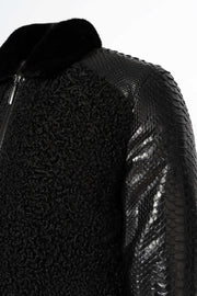Noir Python & Astrakhan Leather Bomber Jacket with mink collar on mannequin showcasing luxury craftsmanship