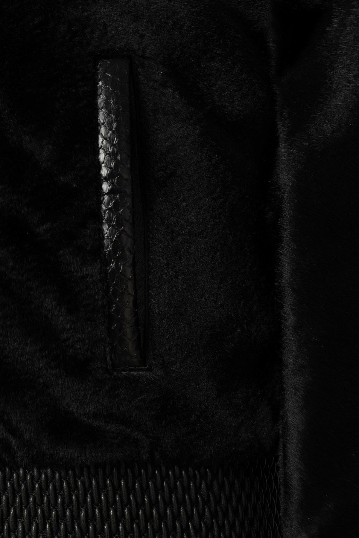 Signature black sheared fur bomber jacket with python leather accents for men