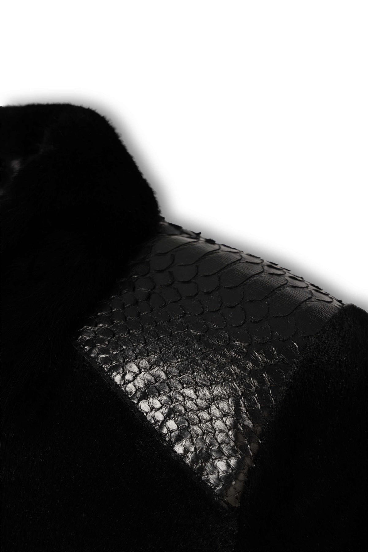 Signature black sheared fur bomber jacket with python leather details for men