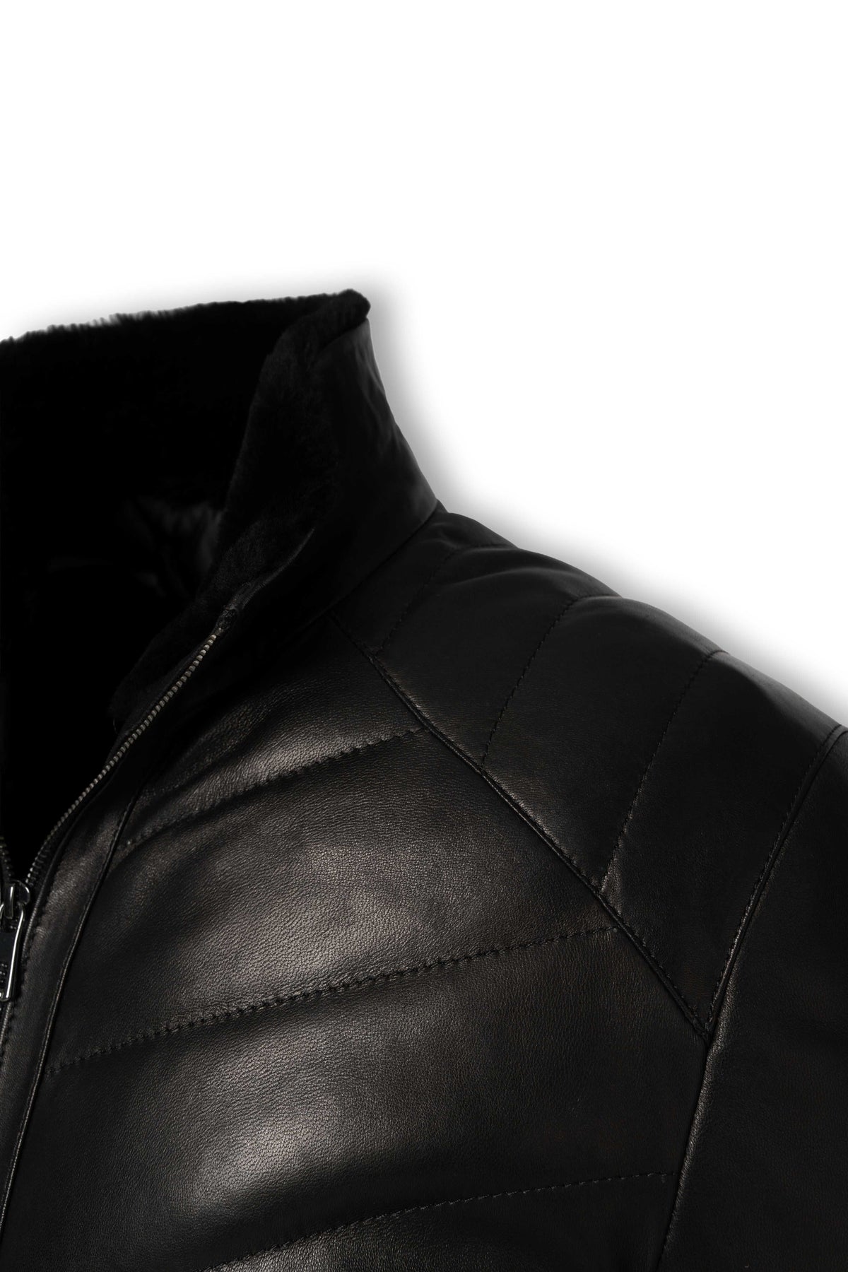 Noir quilted shearling leather bomber jacket with soft collar and tailored fit for winter luxury