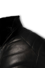 Noir quilted shearling leather bomber jacket with soft collar and tailored fit for winter luxury