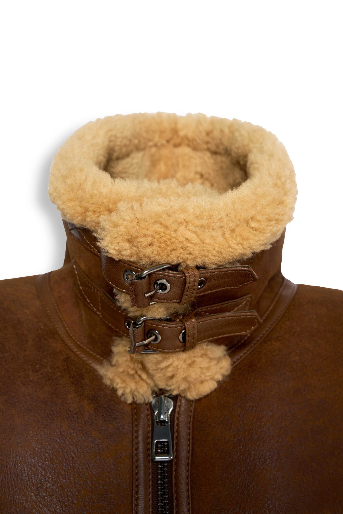 Tan genuine shearling leather aviator jacket with soft shearling lining and timeless B-3 flight jacket design