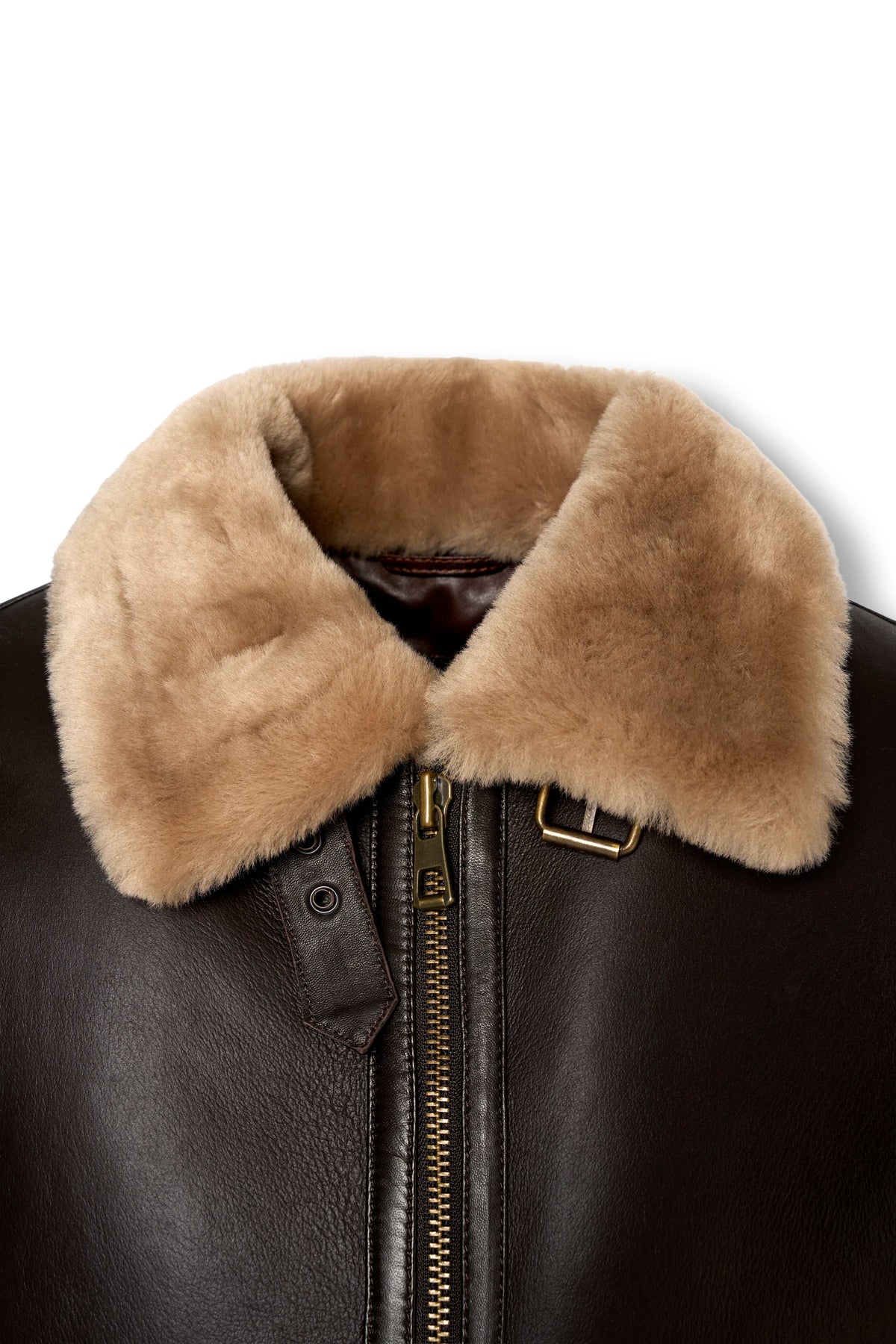 Heritage B3 dark brown shearling leather jacket with camel collar and heavy-duty zipper