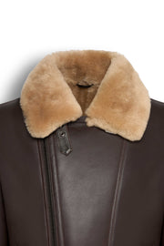Dark brown genuine shearling leather aviator jacket with natural shearling lining