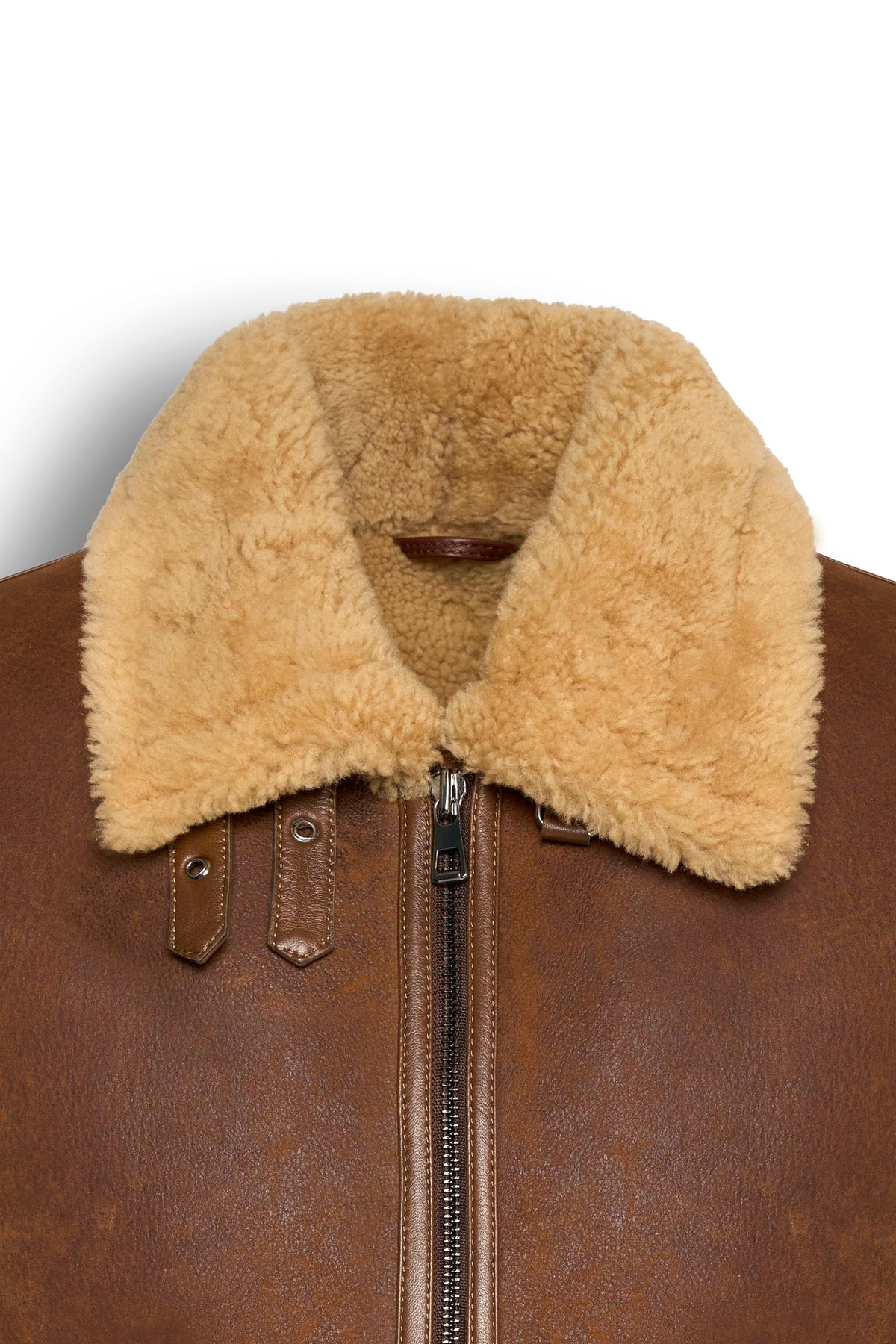 Tan genuine shearling leather aviator jacket with soft shearling lining and classic B-3 flight style