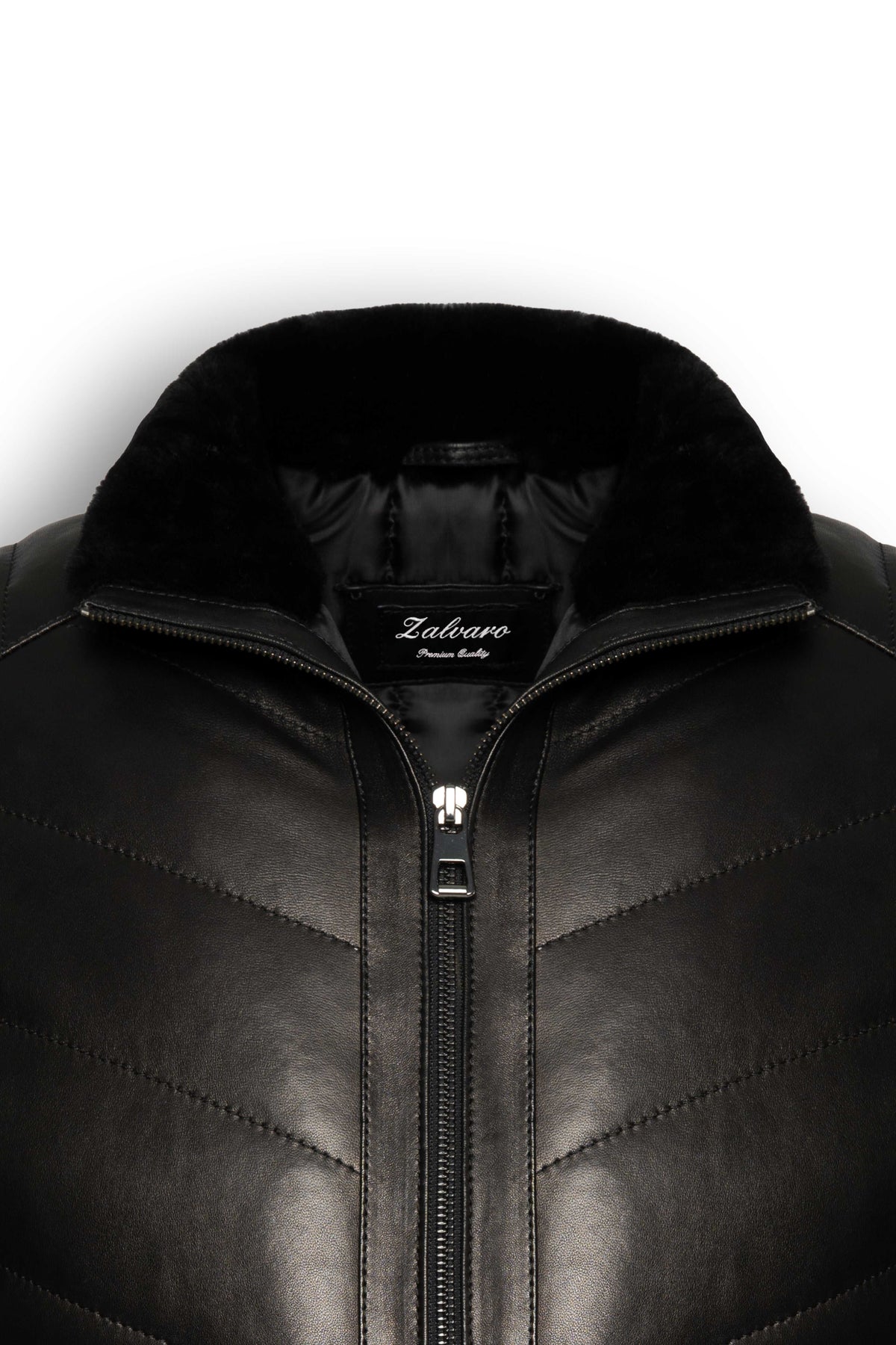 Noir quilted shearling leather bomber jacket with wool collar and tailored fit