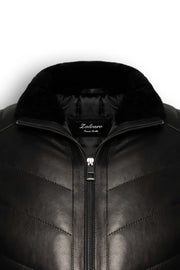 Noir quilted shearling leather bomber jacket with wool collar and tailored fit