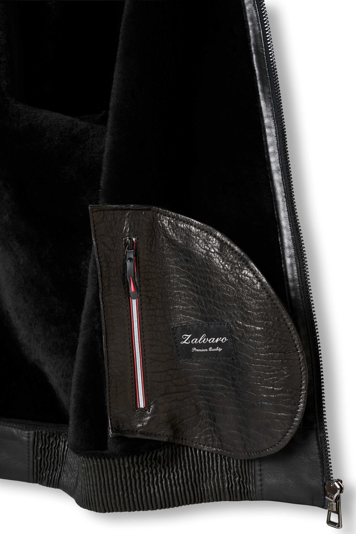 Zalvaro Noir Shearling Leather Bomber Jacket with soft shearling collar and premium craftsmanship