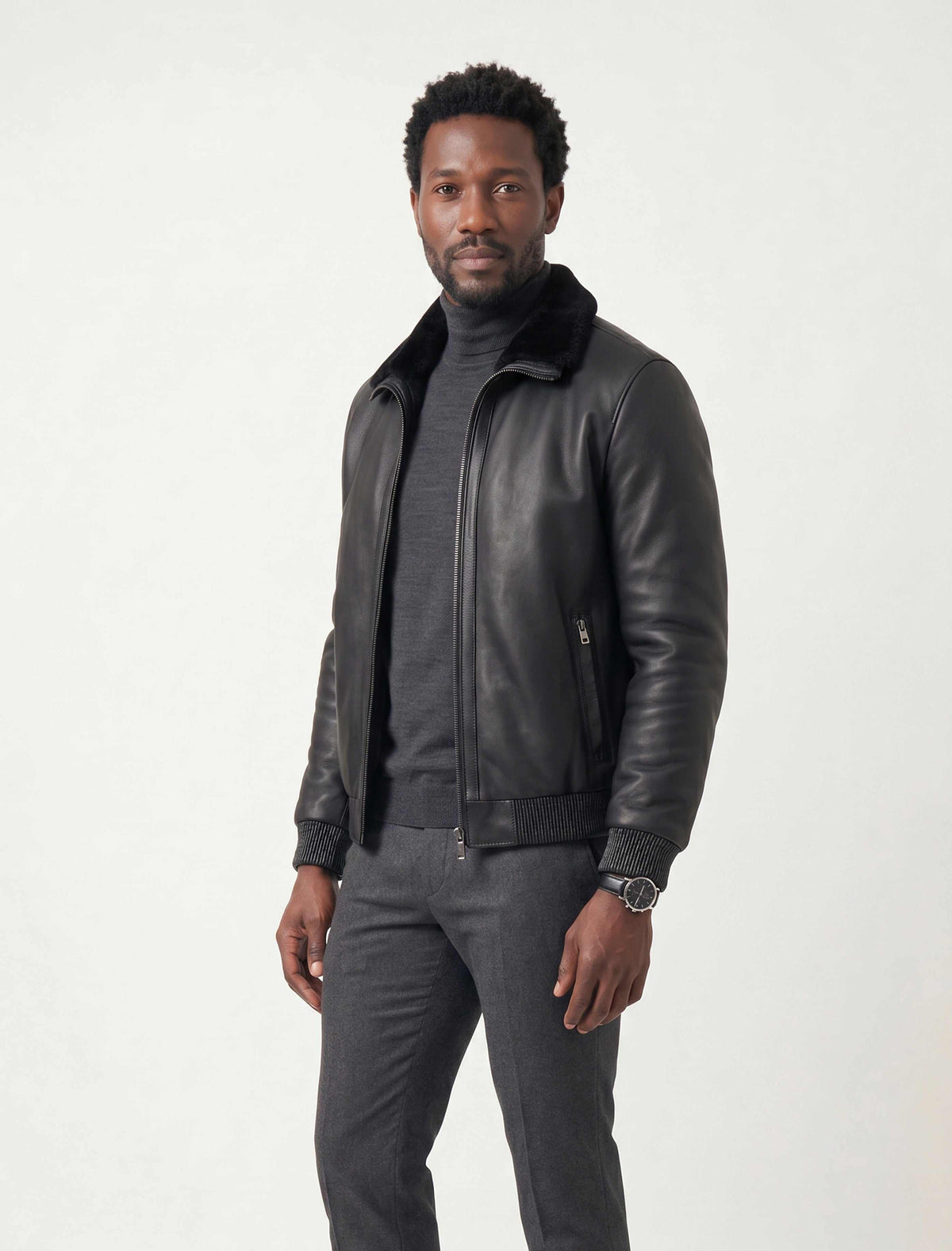 Noir Shearling Leather Bomber Jacket with shearling collar and premium leather craftsmanship