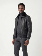 Noir Shearling Leather Bomber Jacket with shearling collar and premium leather craftsmanship