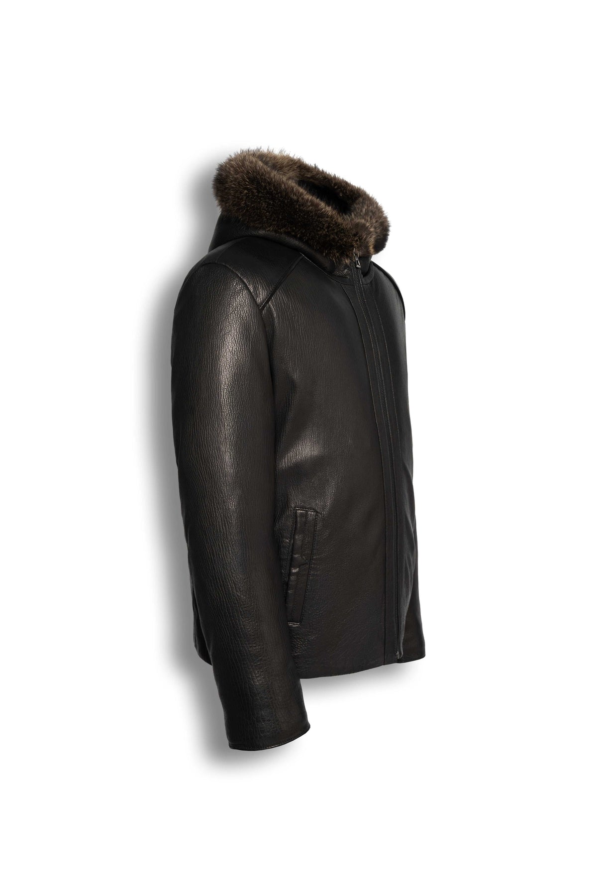 Heritage hooded shearling leather jacket in black with detachable fur-trim hood