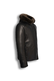 Heritage hooded shearling leather jacket in black with detachable fur-trim hood