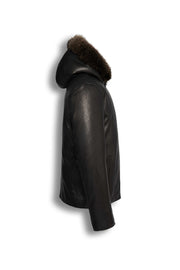 Heritage Hooded Shearling Leather Jacket in black genuine leather with detachable fur-trim hood