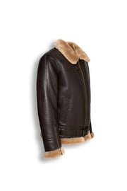 Heritage B3 dark brown shearling leather jacket with camel collar and zipper details