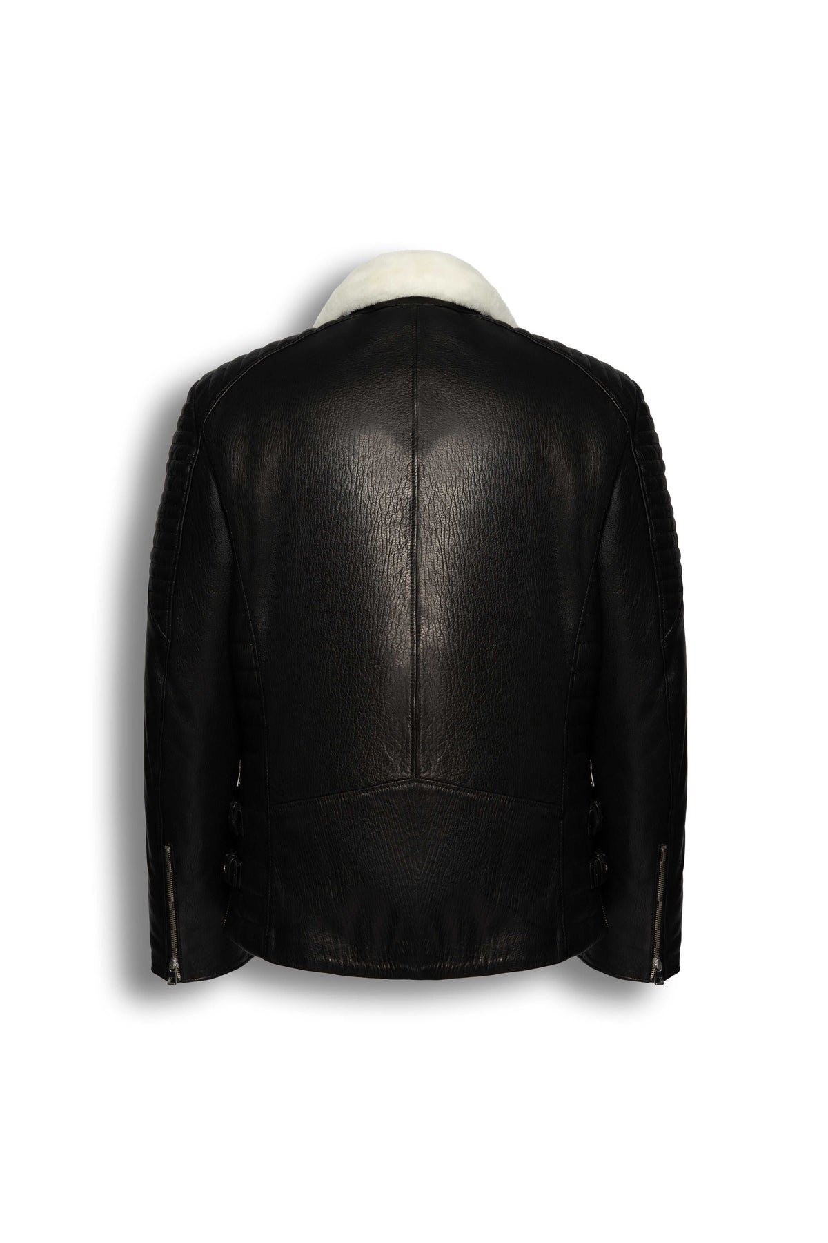 Black and white Siena Shearling Biker Leather Jacket with premium leather and white shearling detailing