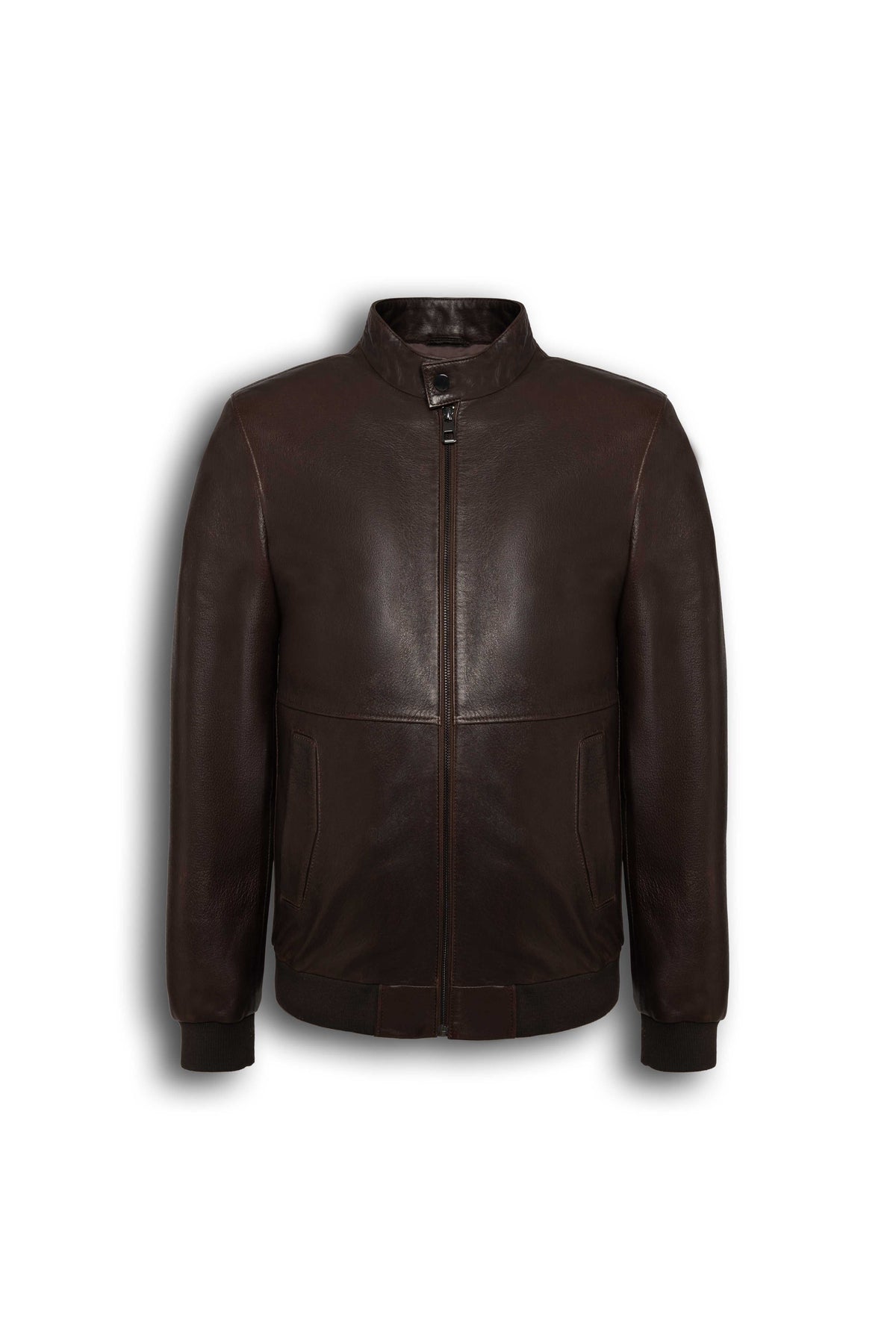 Siena dark brown leather bomber jacket with stand collar and ribbed cuffs, made from soft lambskin