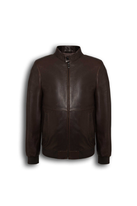 Siena dark brown leather bomber jacket with stand collar and ribbed cuffs, made from soft lambskin