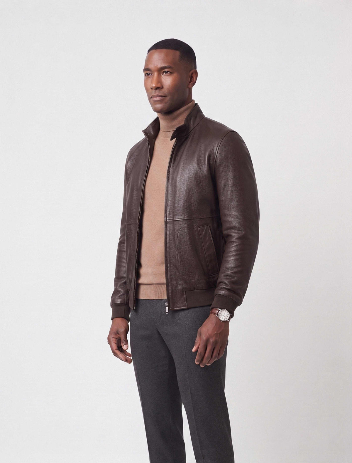 Siena dark brown leather bomber jacket in soft lambskin with sleek design and ribbed cuffs