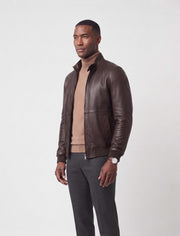 Siena dark brown leather bomber jacket in soft lambskin with sleek design and ribbed cuffs