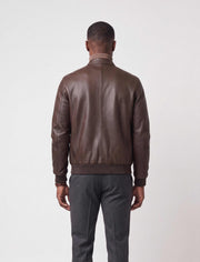 Siena Dark Brown Leather Bomber Jacket made from soft full-grain lambskin with a streamlined stand collar and ribbed cuffs.