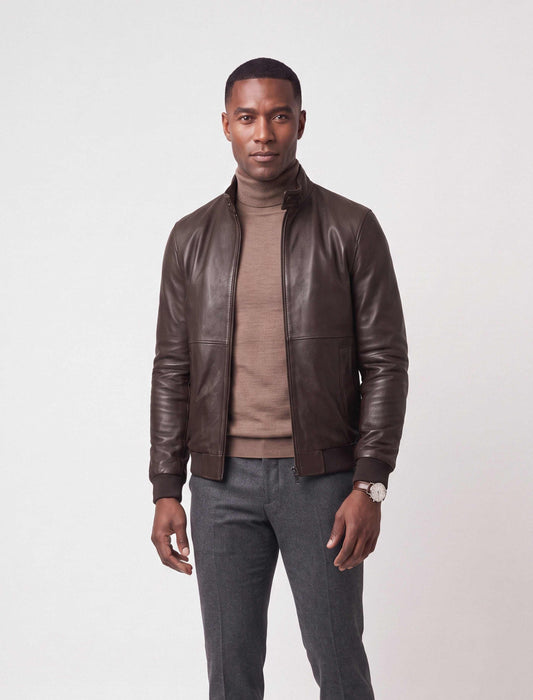 Siena Dark Brown Leather Bomber Jacket made of soft lambskin with ribbed cuffs and YKK zipper