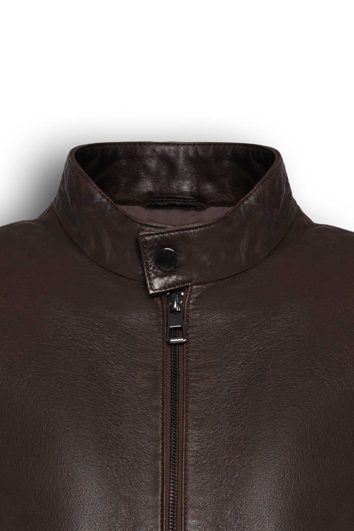 Siena Dark Brown Leather Bomber Jacket in soft lambskin with stand collar and ribbed cuffs